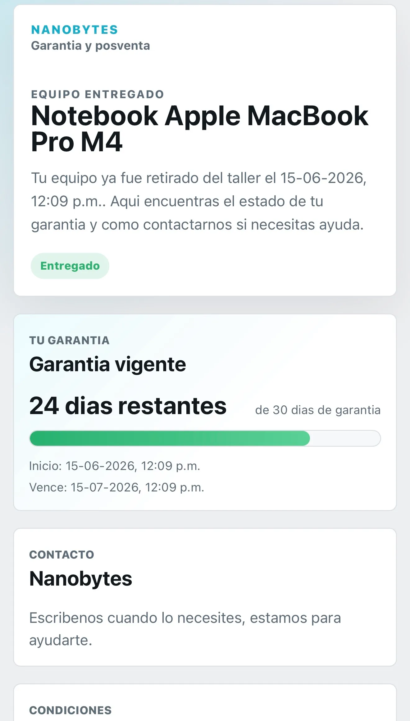 Posventa: equipo entregado y garantía vigente con días restantes