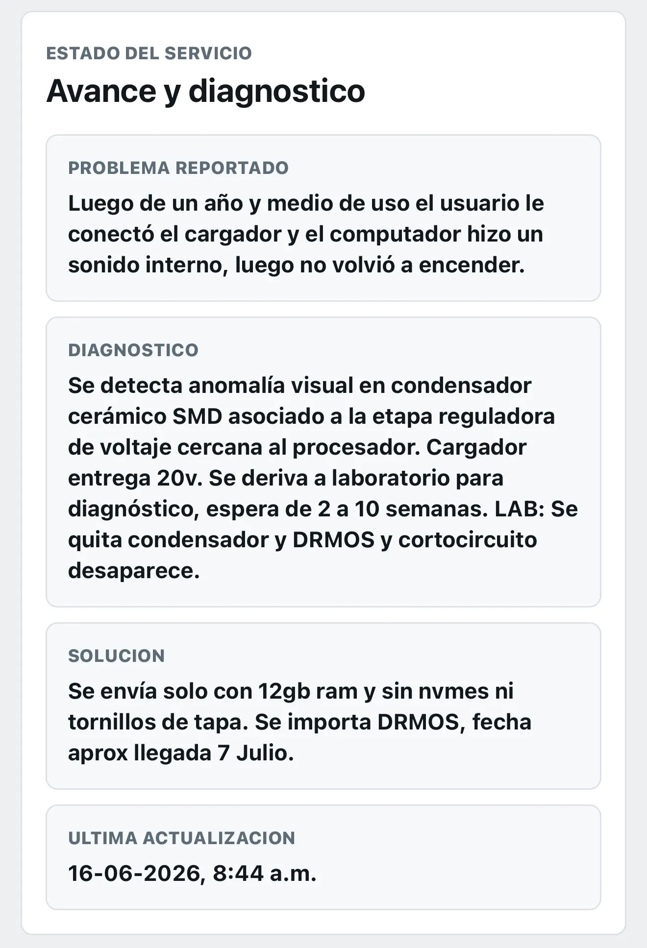 Avance y diagnóstico técnico detallado de la reparación